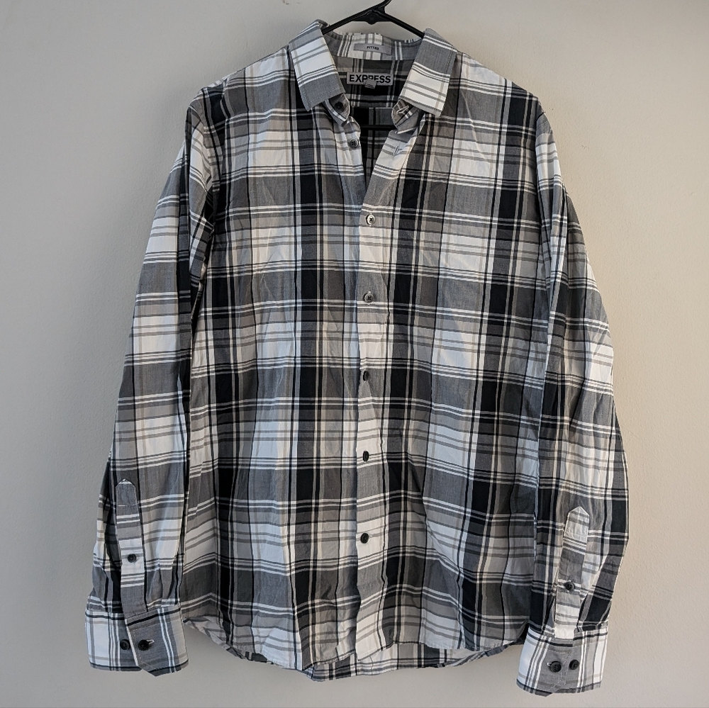 Express Long Sleeve Shirt Plaid Grey Tone Casual Button down Shirt Men L Fitted